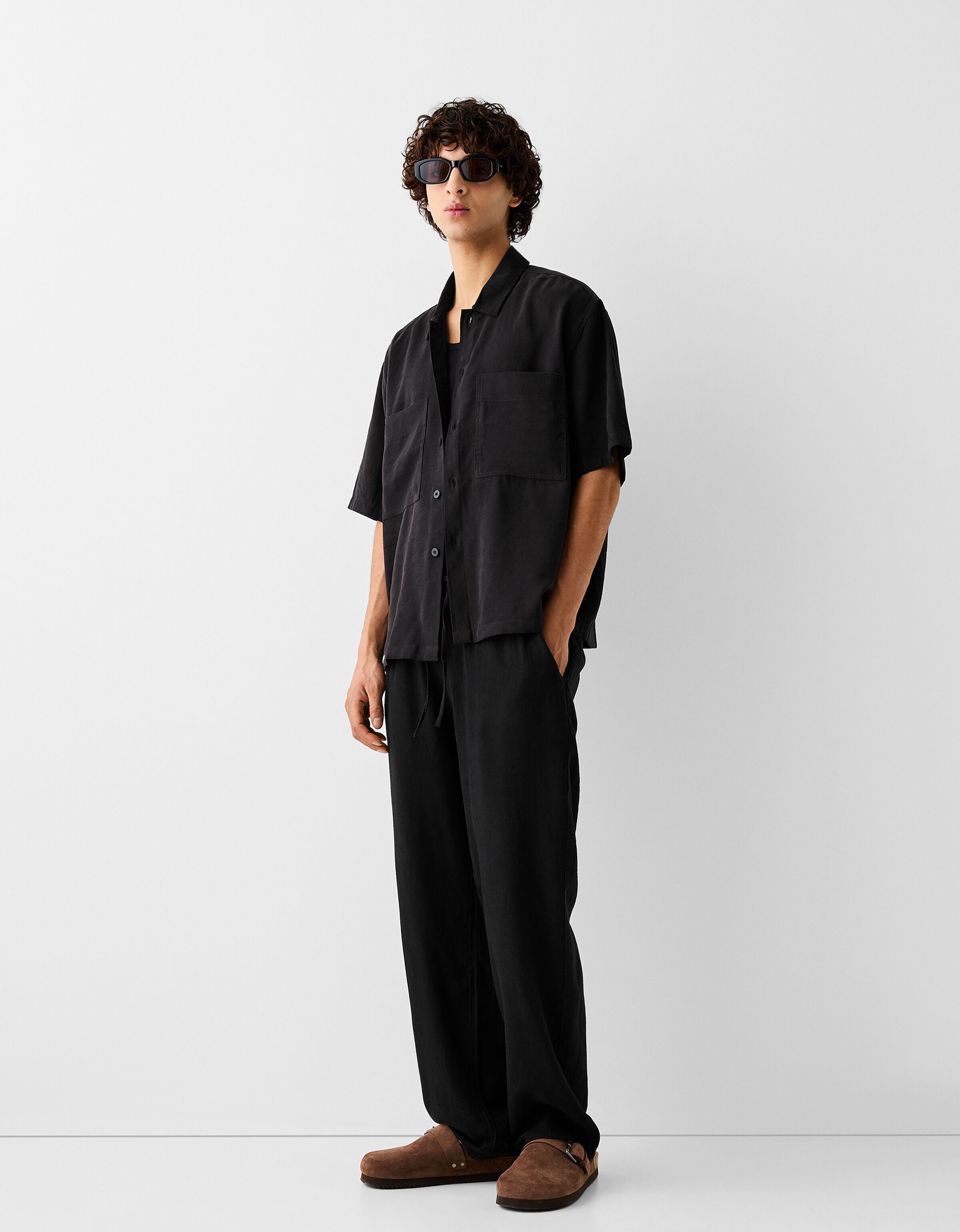 Wide leg joggers with linen Trousers Men Bershka