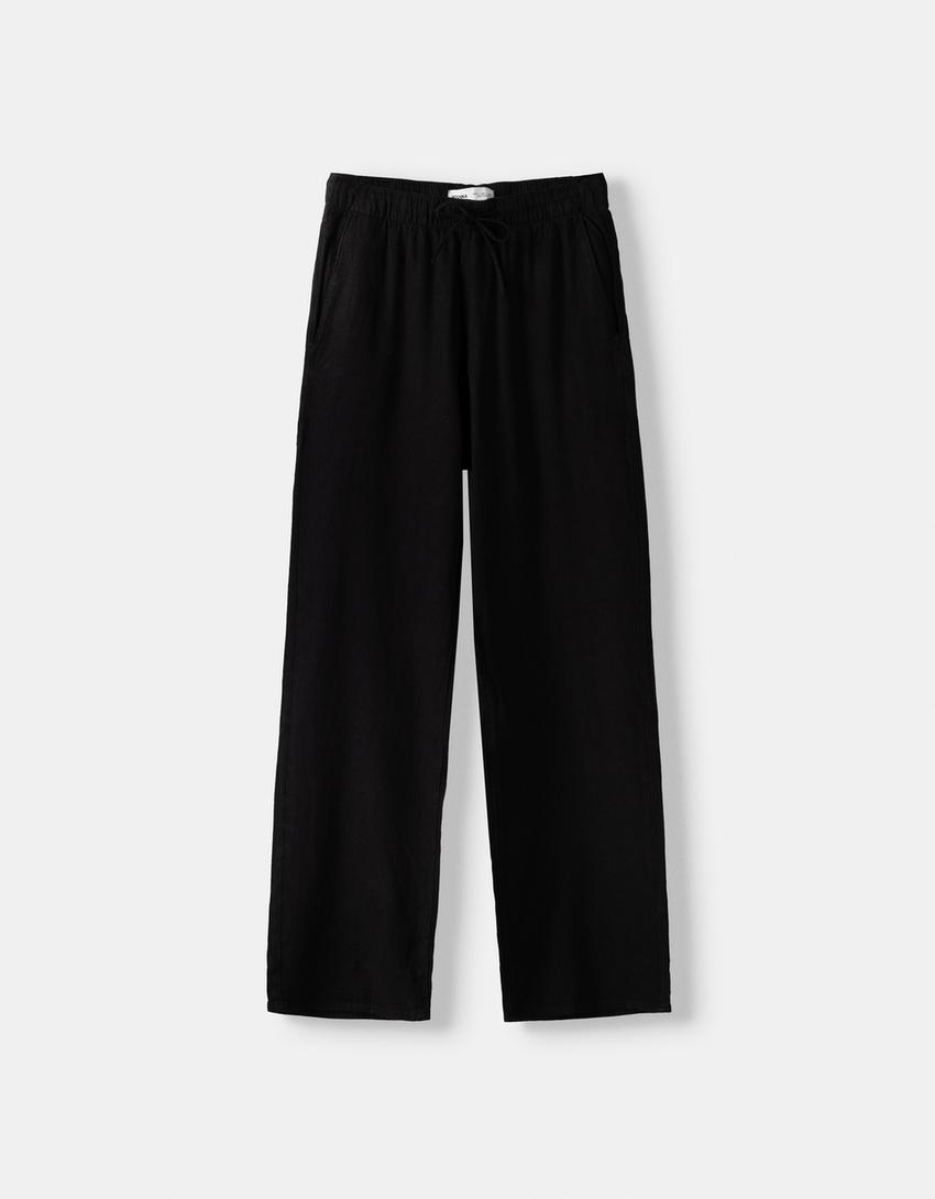 Calças jogger wide com linho-Preto-4