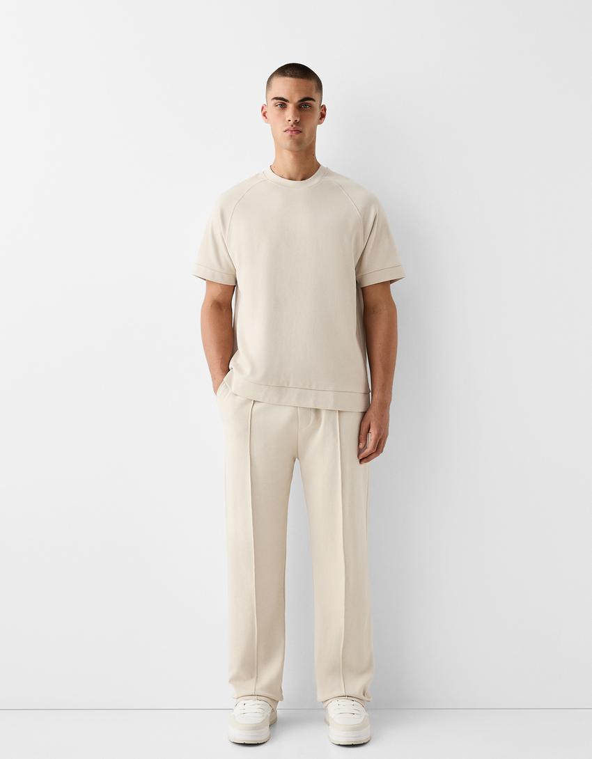 Interlock broek met wijde pijpen-Beige-0