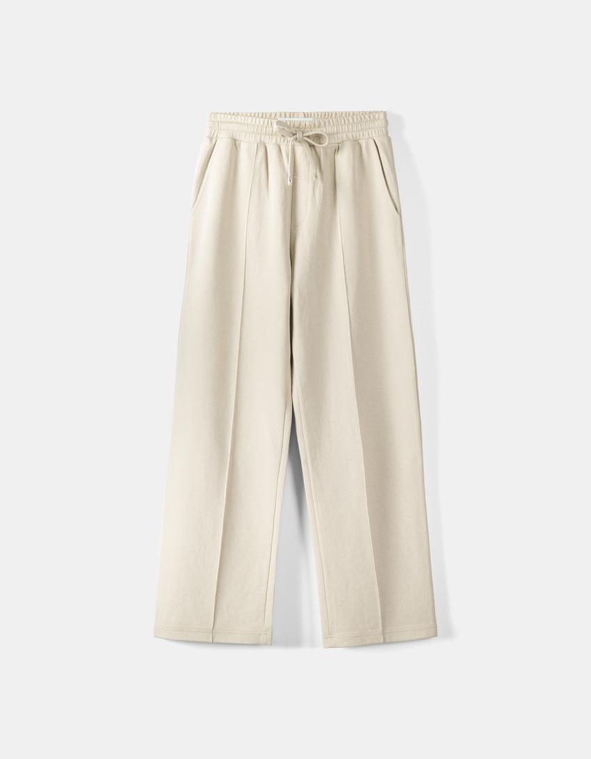 Interlock broek met wijde pijpen-Beige-4