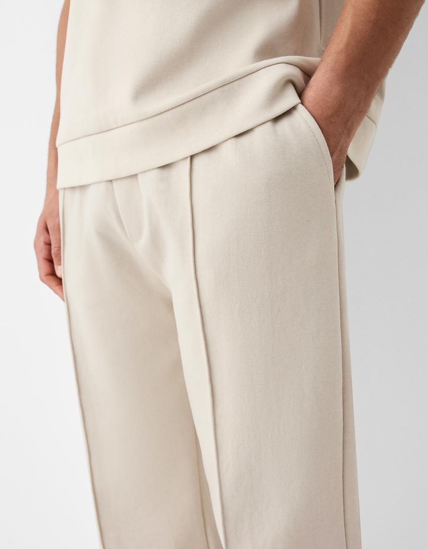 Interlock broek met wijde pijpen-Beige-5