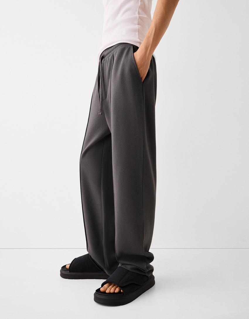 Interlock broek met wijde pijpen-Grijs-3