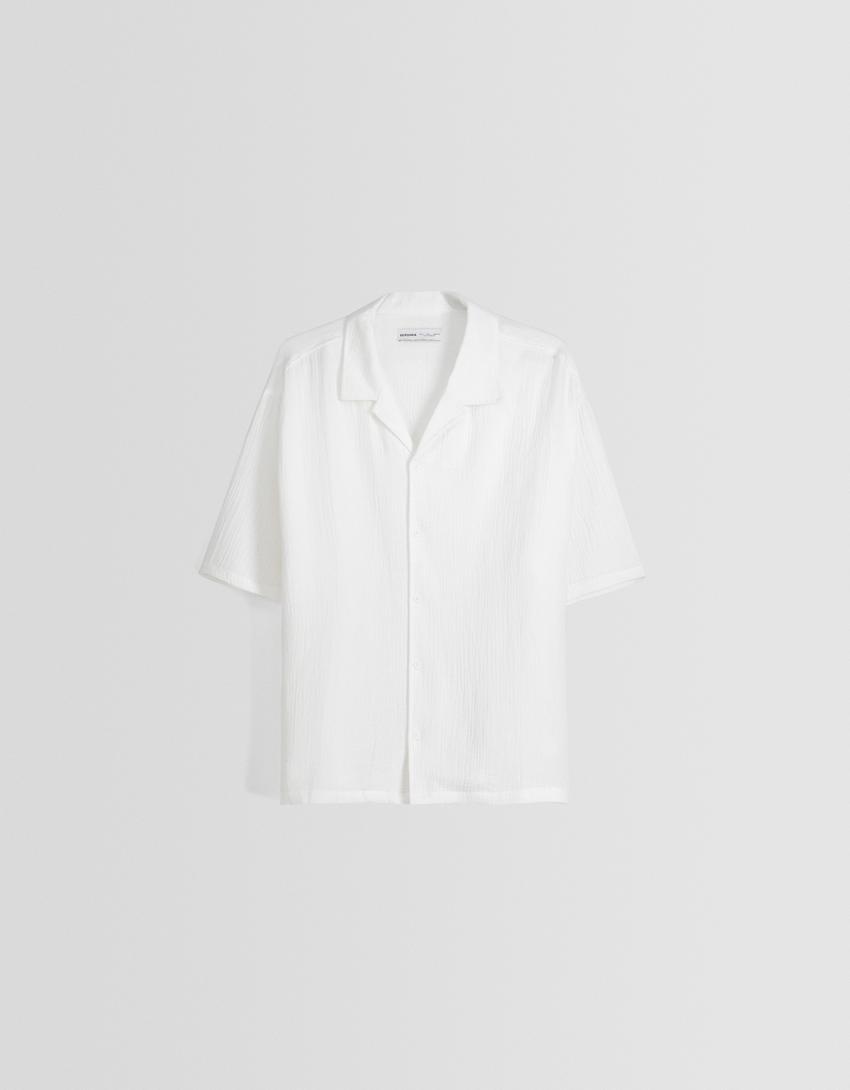 قميص بارز الملمس بأكمام قصيرة وقصة مربعة-أبيض مطفي-6