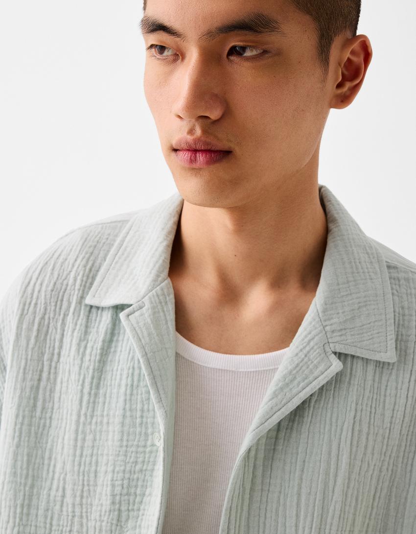 Relaxed fit short sleeve textured shirt-Green-6