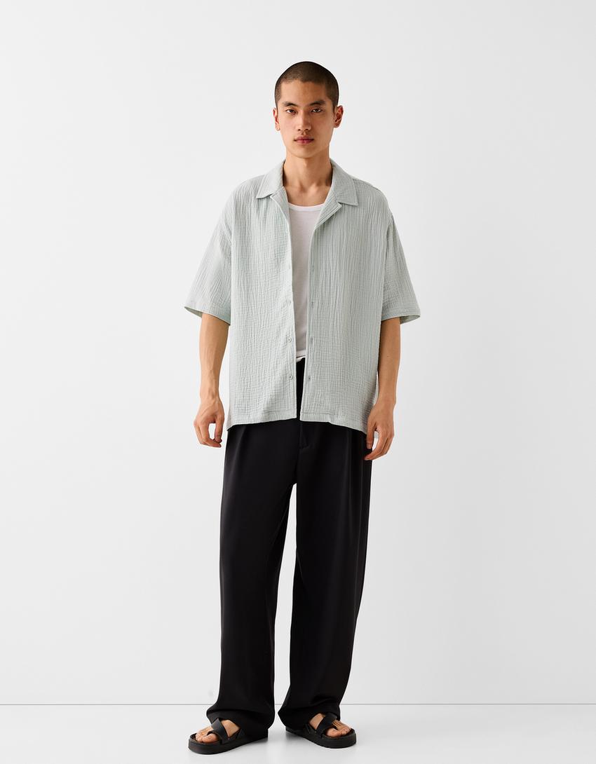 Relaxed fit short sleeve textured shirt-Green-3