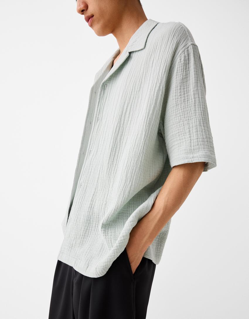 Relaxed fit short sleeve textured shirt-Green-2
