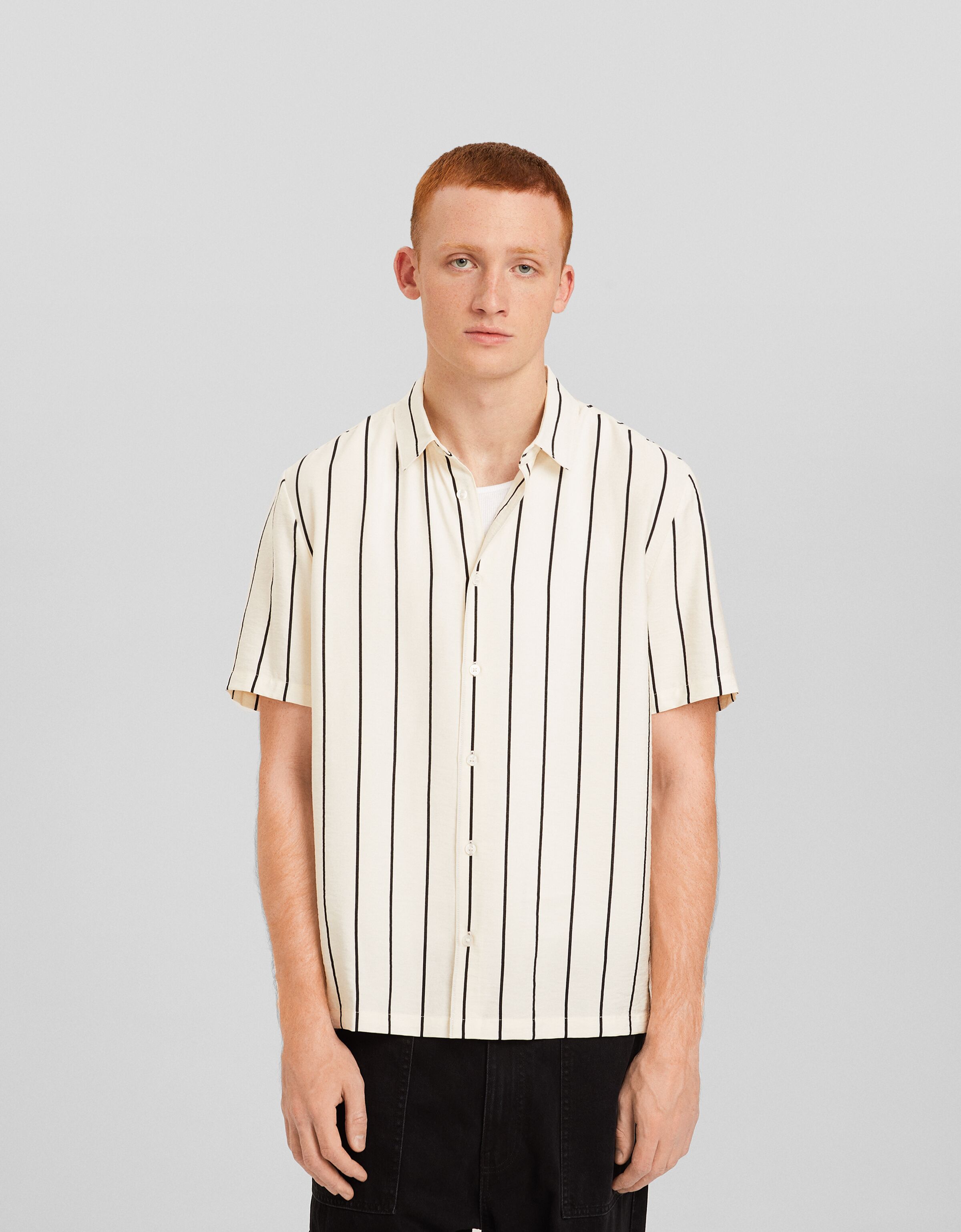 Mens striped short 2024 sleeve button up