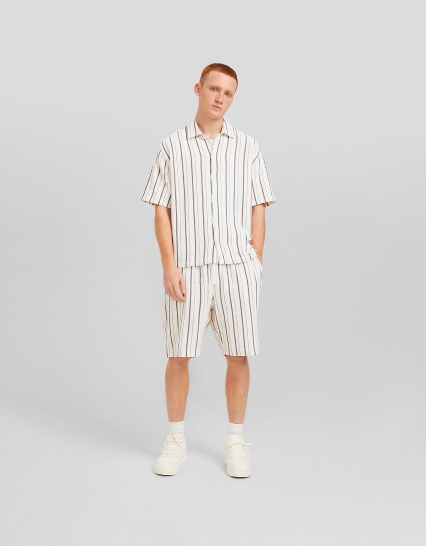 Chemise manches courtes rustique rayures-Écru-3