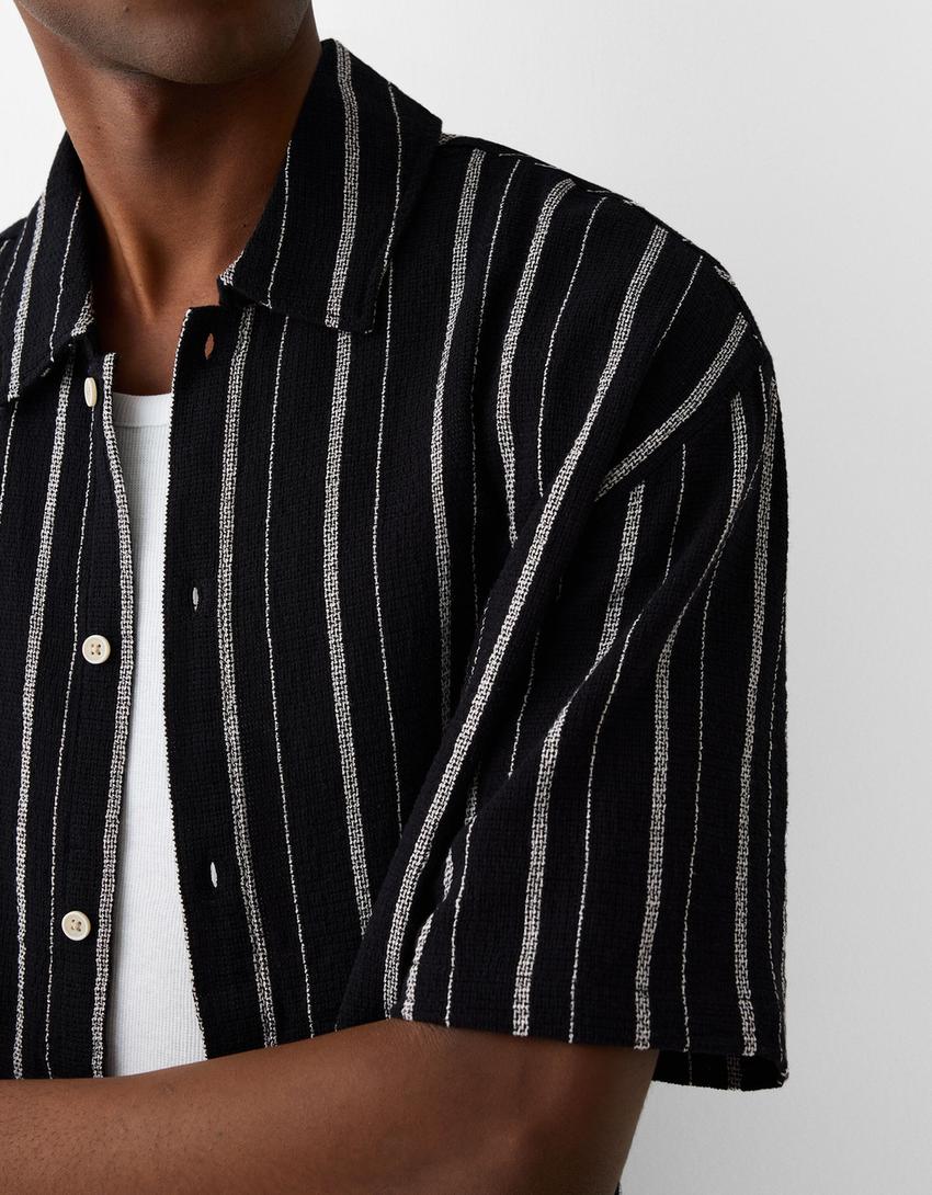 Chemise manches courtes rustique rayures-Noir-5