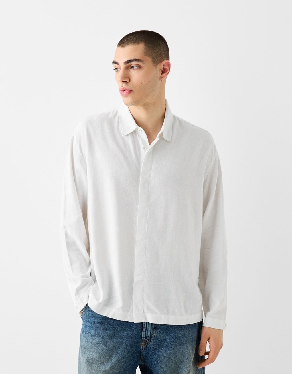 Long Sleeve Linen Blend Shirt in White