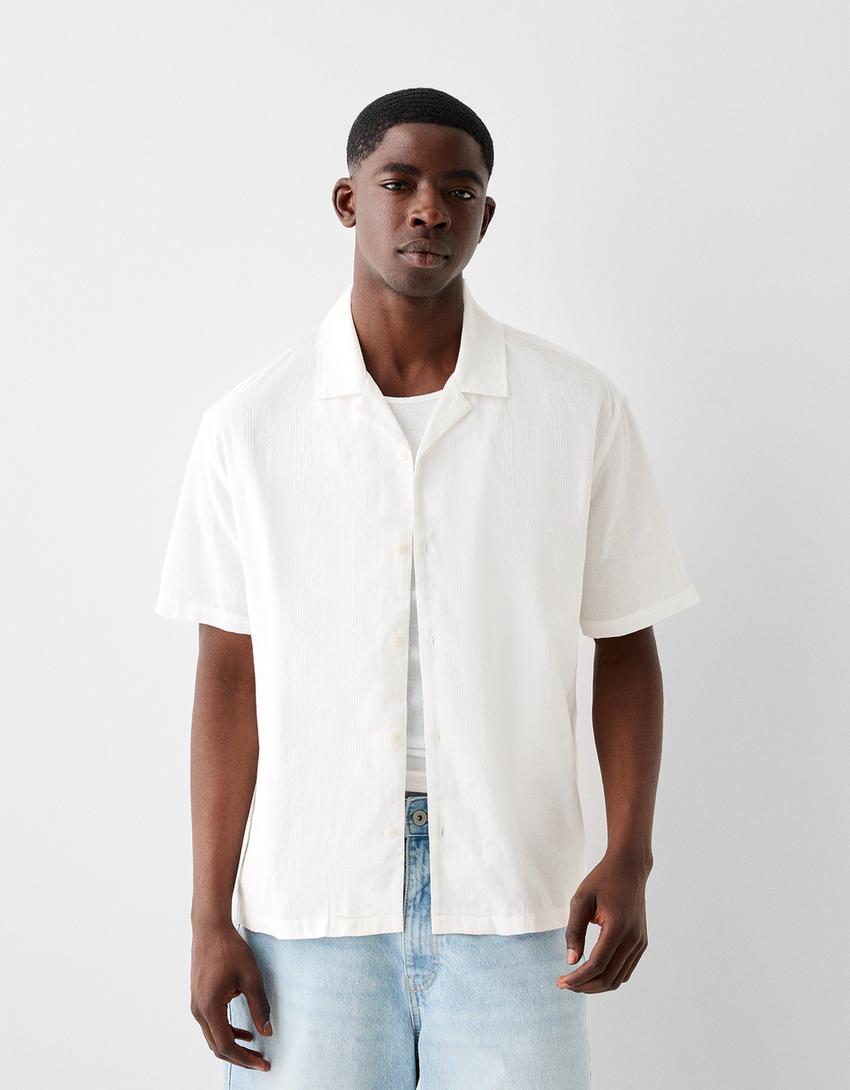 Текстурирана памучна риза с къс ръкав-Мръснобяло-0