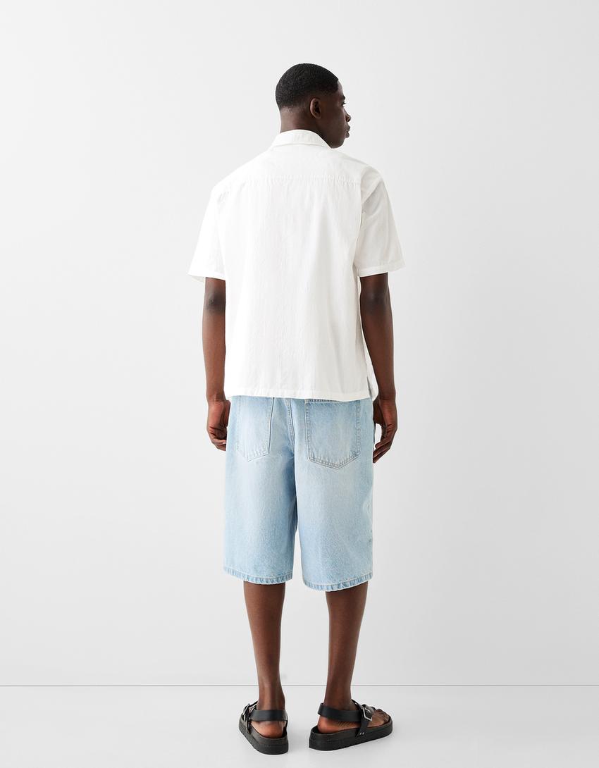 Текстурирана памучна риза с къс ръкав-Мръснобяло-1