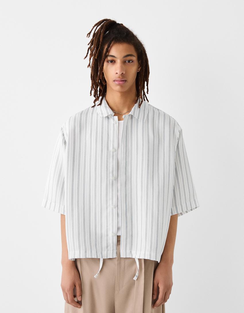 Chemise manches courtes boxy fit rayée-Bleu clair-0