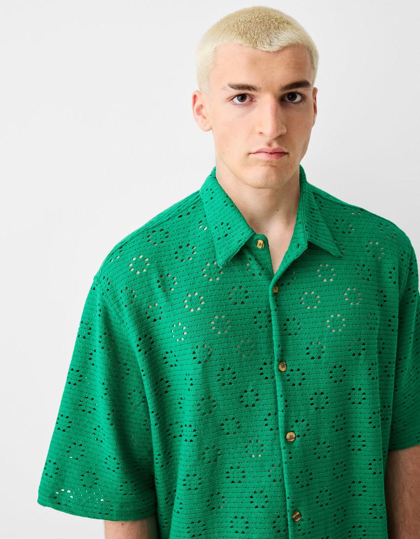 قميص بحياكة مفتوحة وأكمام قصيرة-أخضر-2