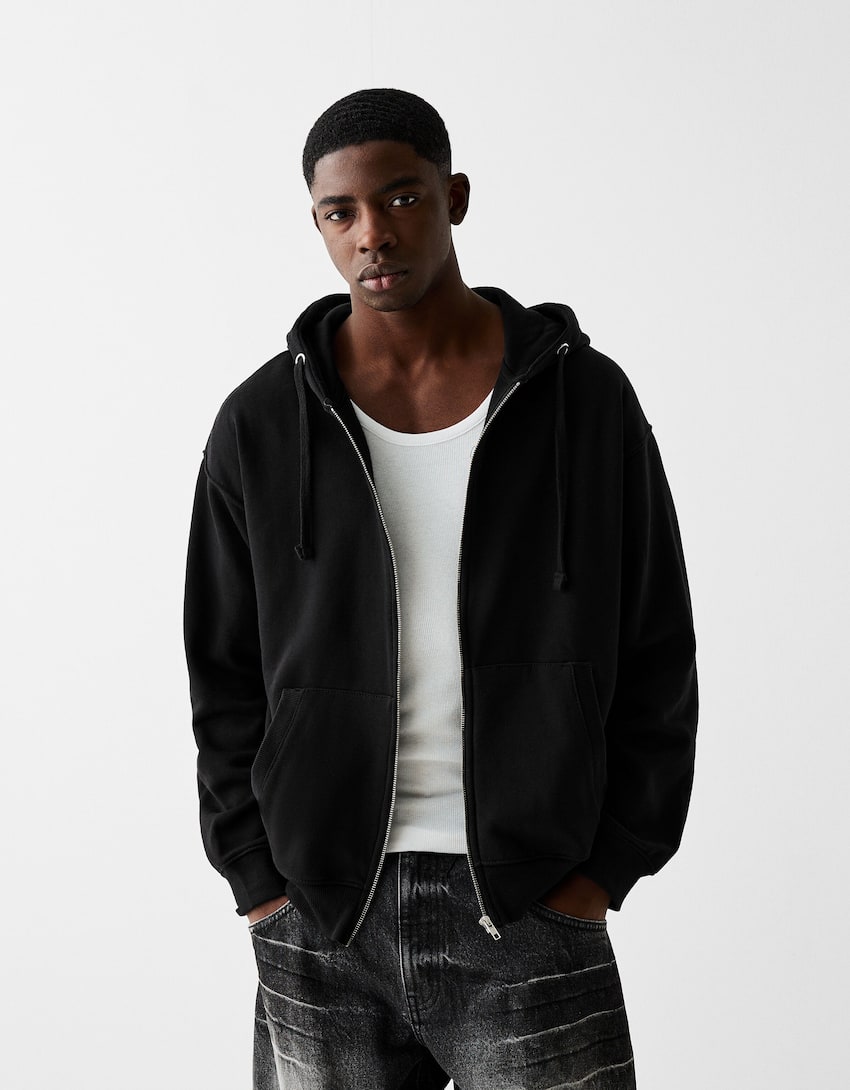Sweatshirt mit Reißverschluss und Kapuze-Schwarz-0