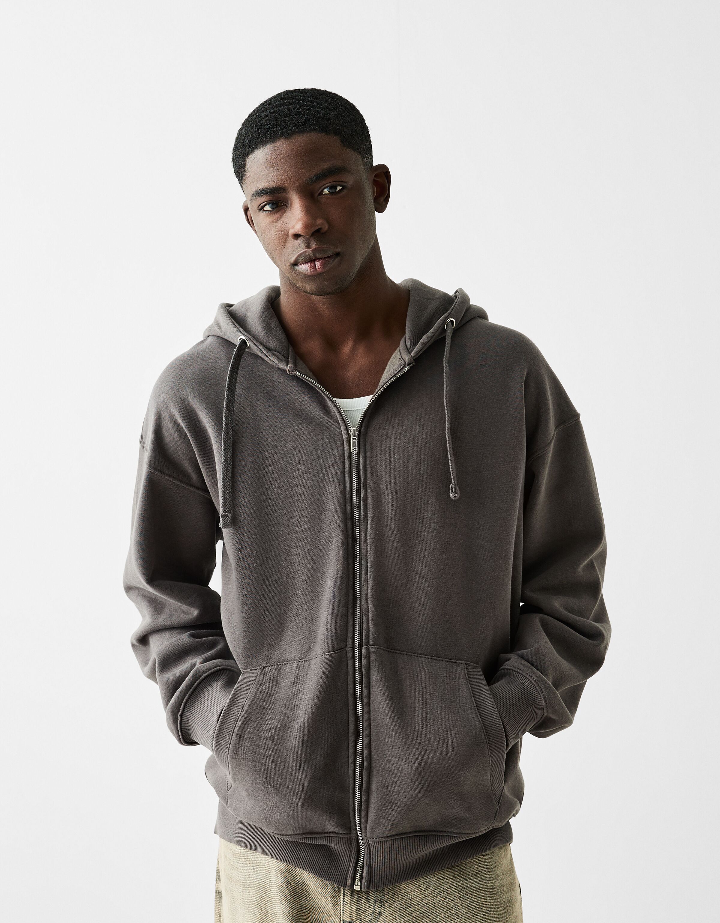 Dark grey zip up sale hoodie mens