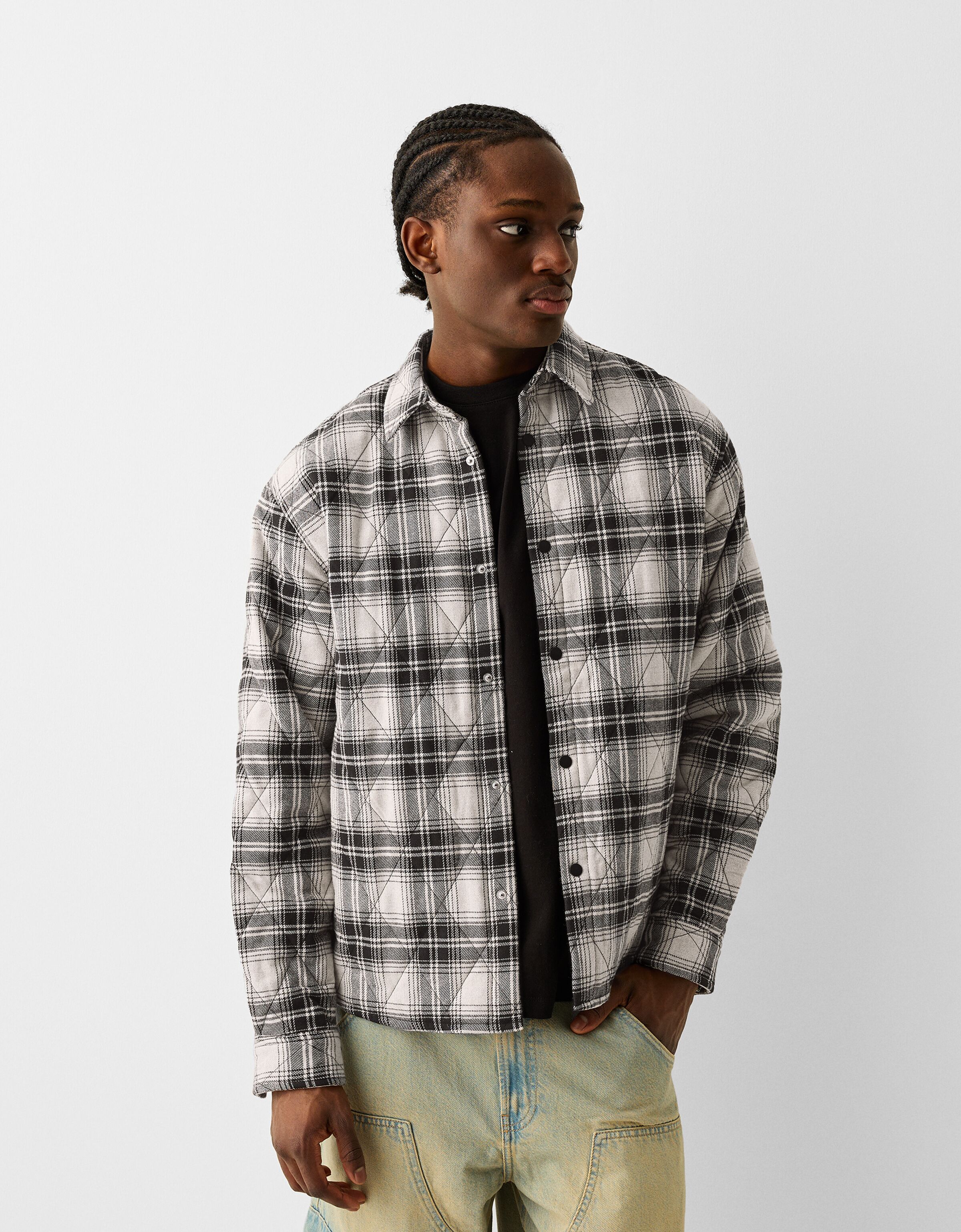 Long sleeve quilted check overshirt New Men Bershka