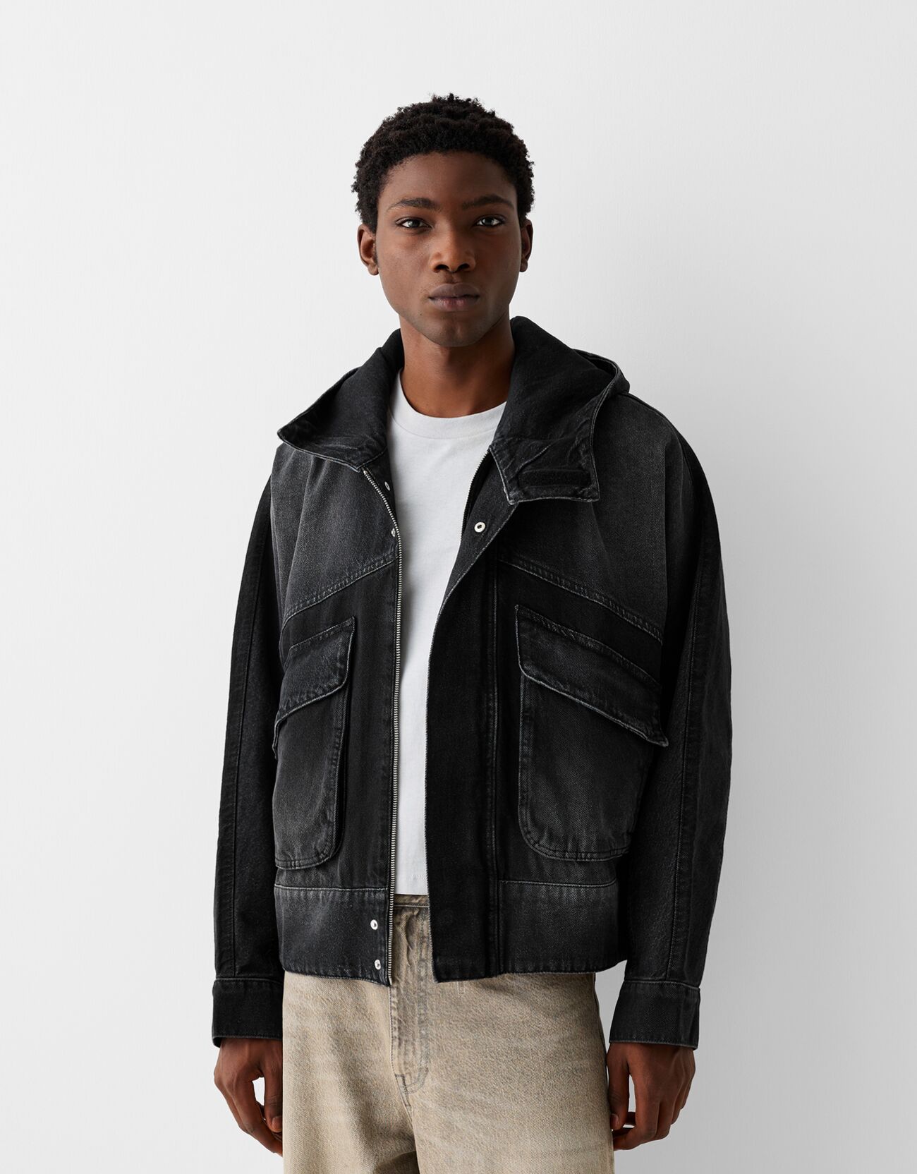 Colour block hooded denim jacket New Men Bershka