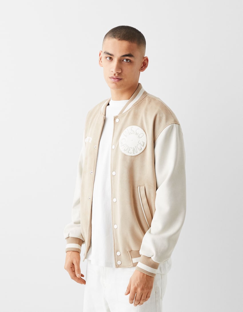 Faux suede embroidered bomber jacket-Camel-0