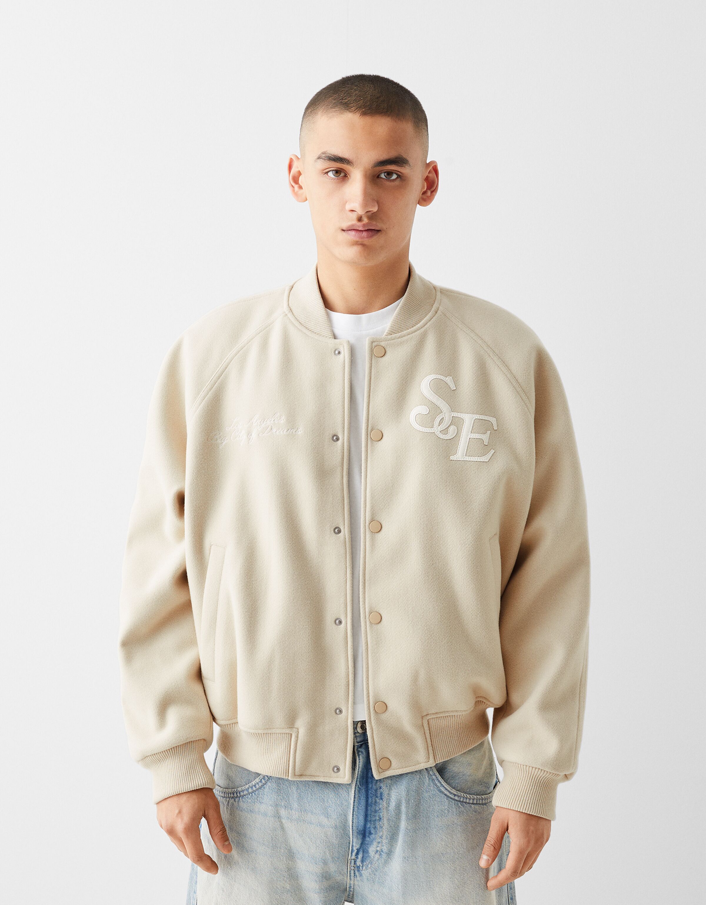 Embroidered felt texture bomber jacket Unisex Men Bershka