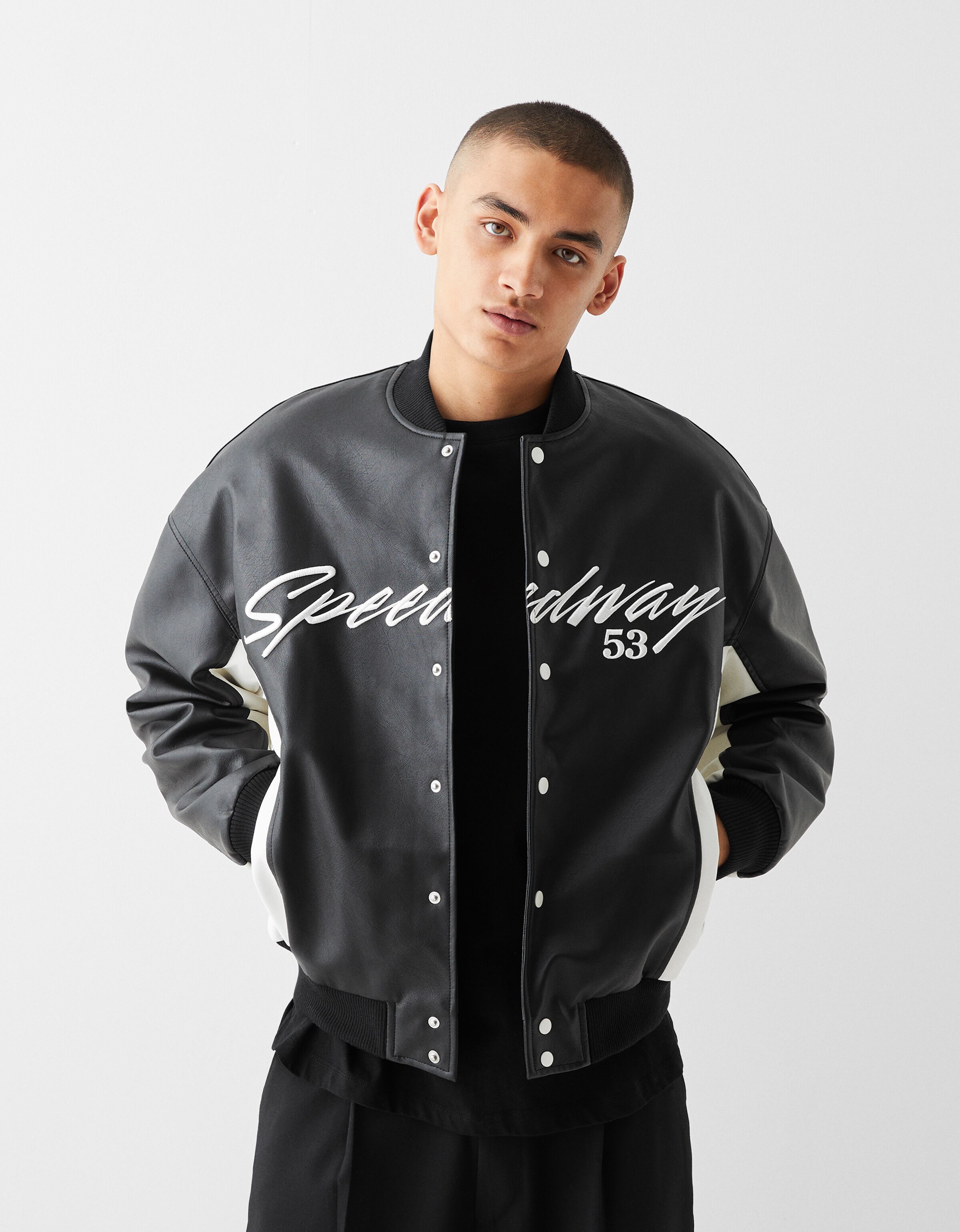 Black leather baseball clearance jacket