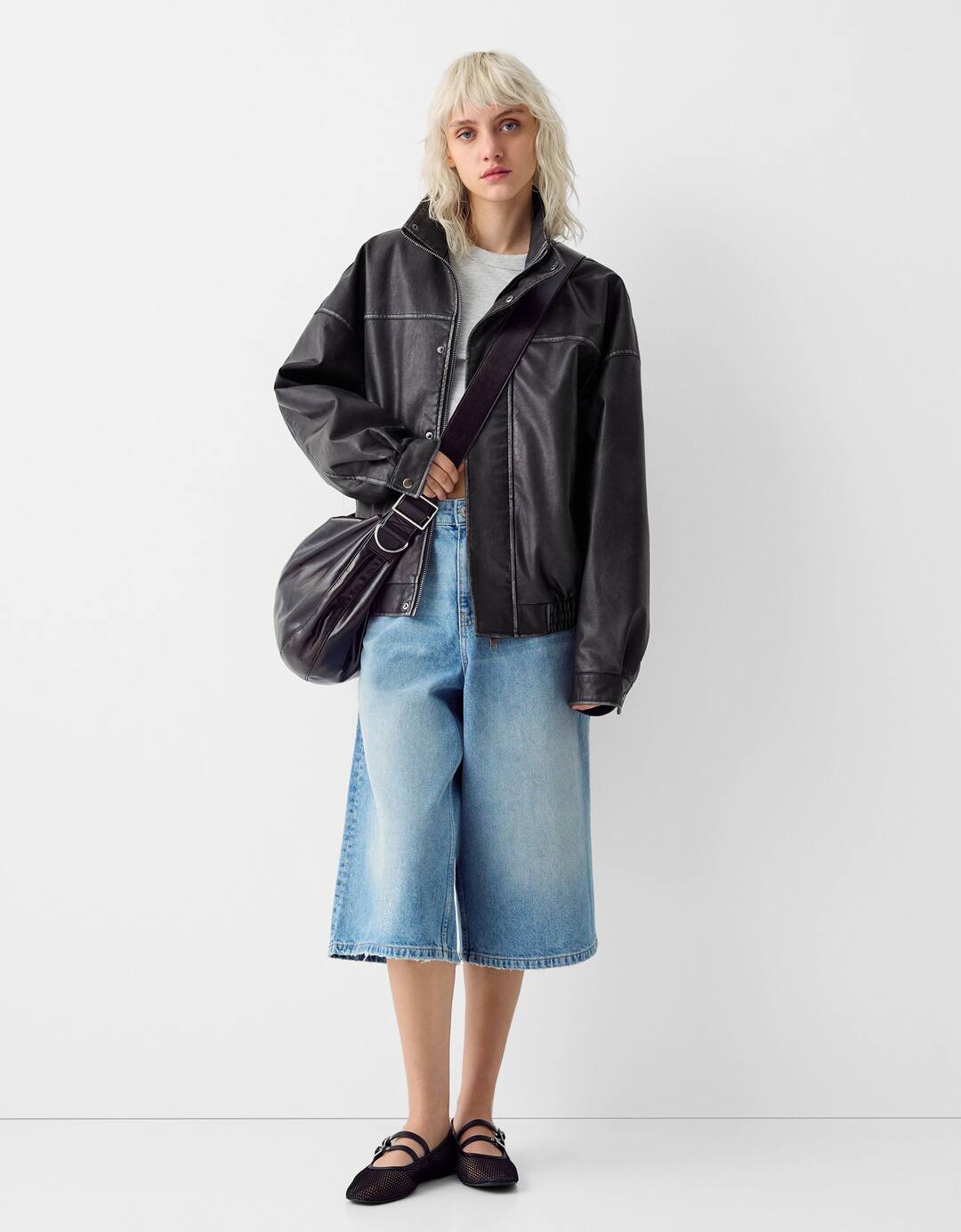 Distressed faux leather oversize jacket