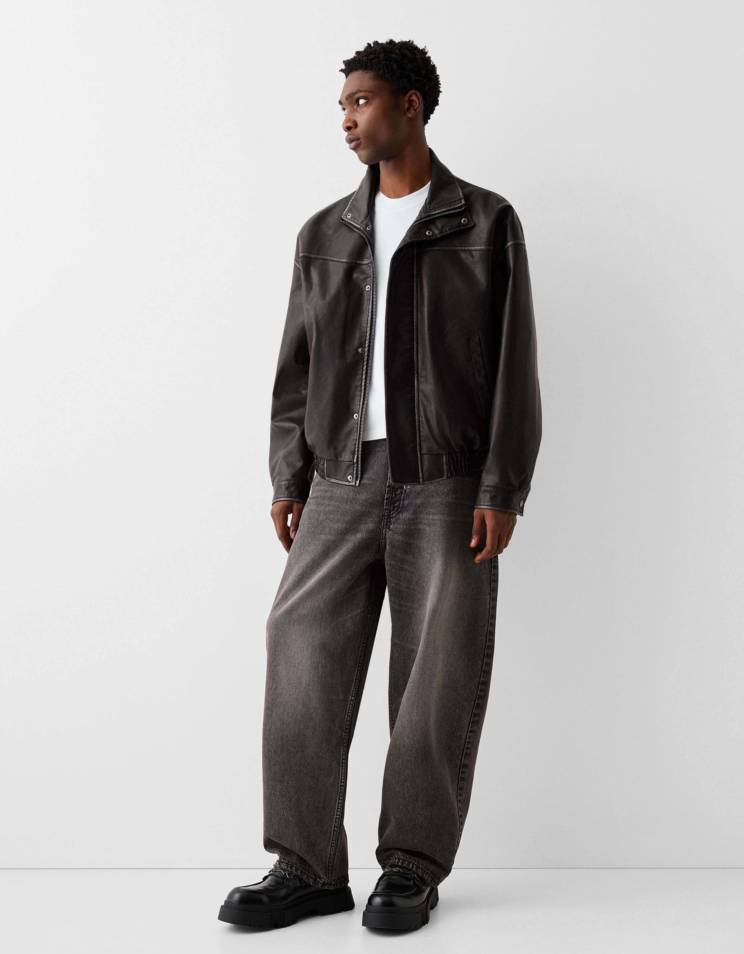 Bershka leather new arrivals jacket mens