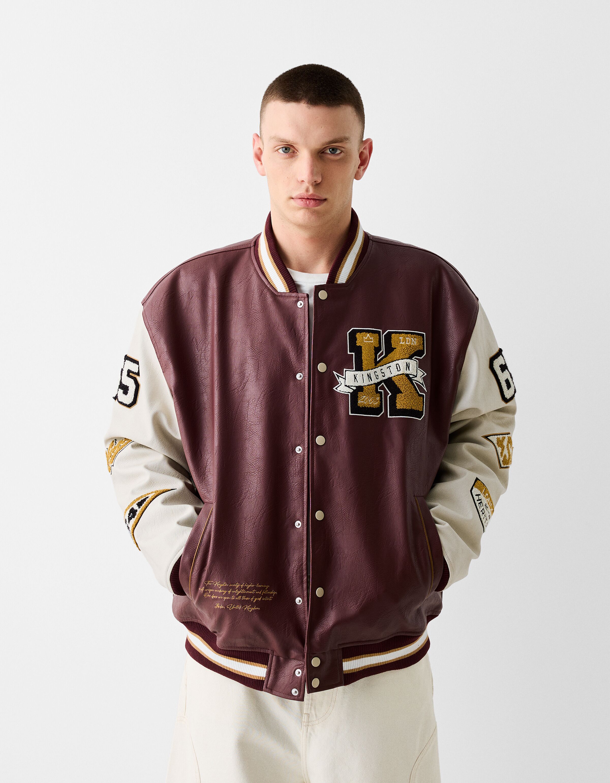 Varsity leather effect bomber jacket Jackets and coats Men Bershka