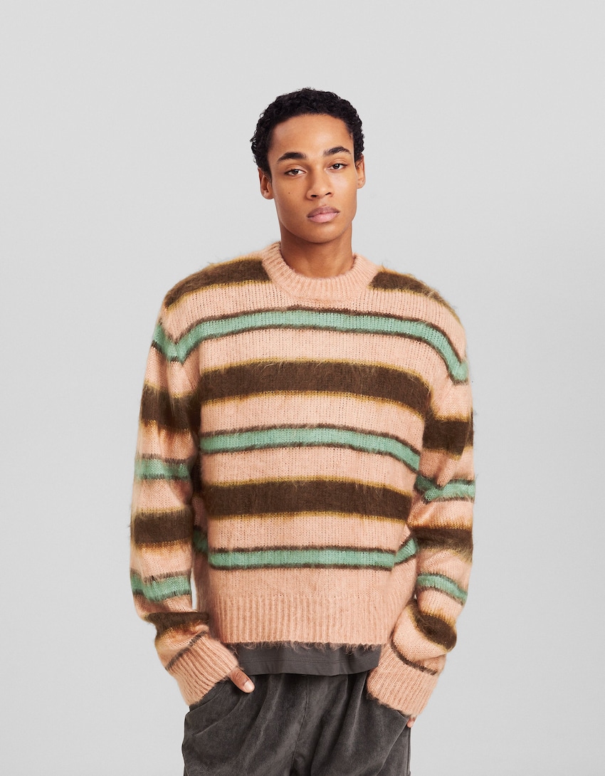 Striped faux fur sweater - Men | Bershka