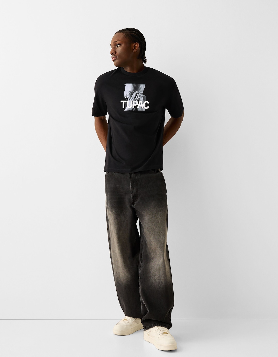 Kısa kollu Tupac baskılı kare kesim t-shirt