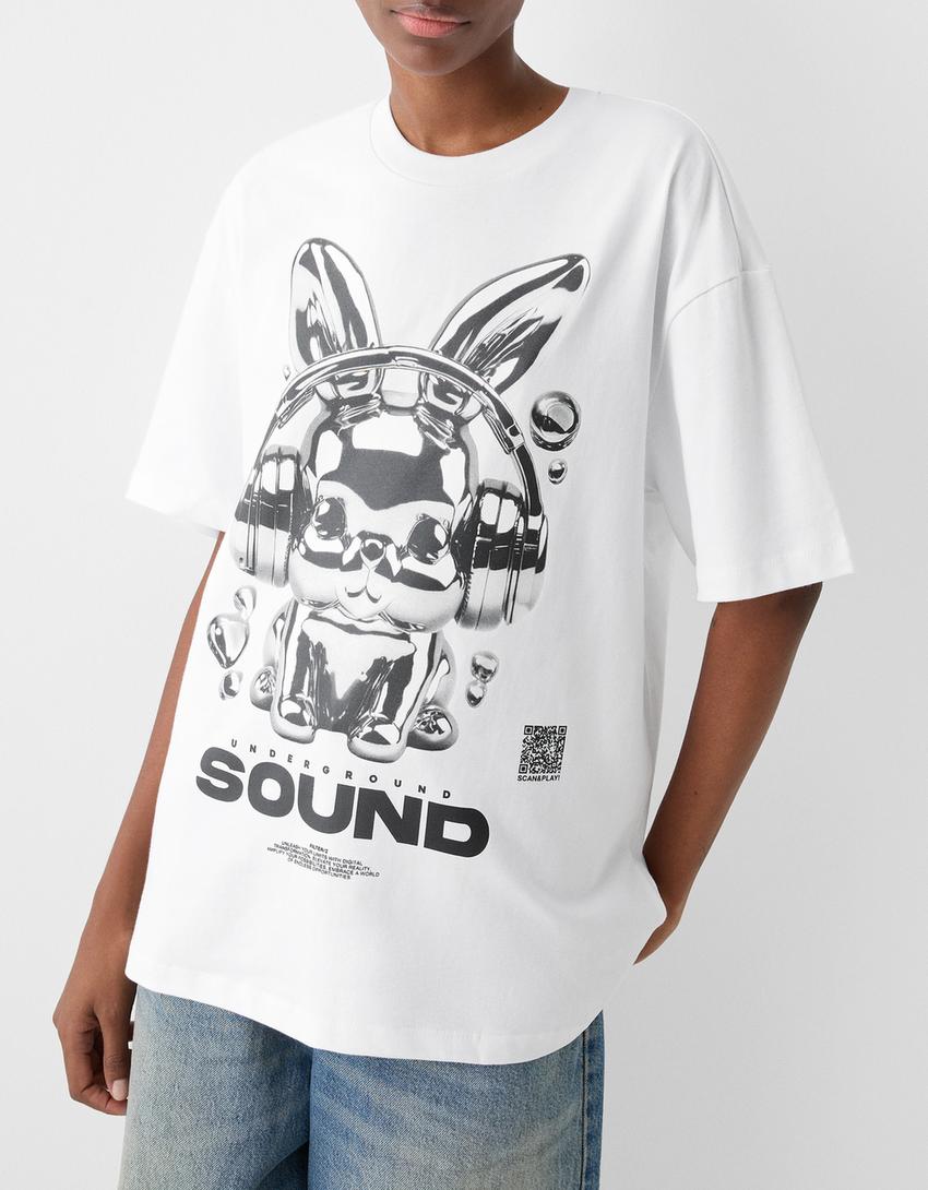 T-shirt da Bershka Wearable Art boxy fit com estampado-Branco-3