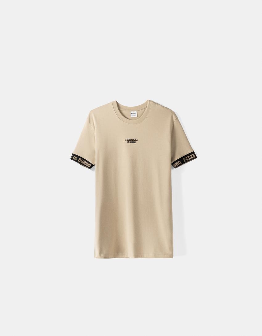 Slim-fit short sleeve T-shirt with strip-Camel-4