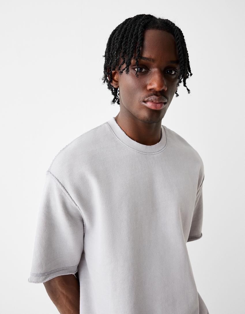 Sweatshirt manga curta felpa efeito lavado-Cinza-2