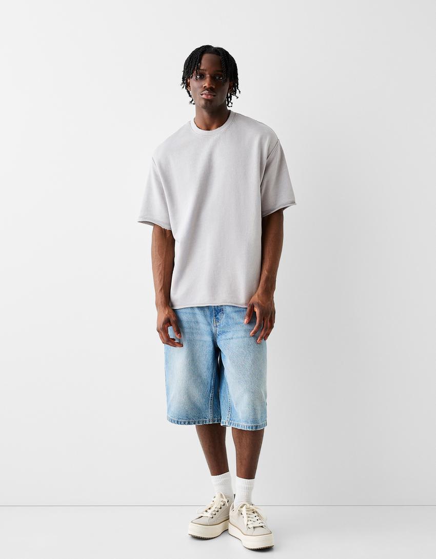 Sweatshirt manga curta felpa efeito lavado-Cinza-3