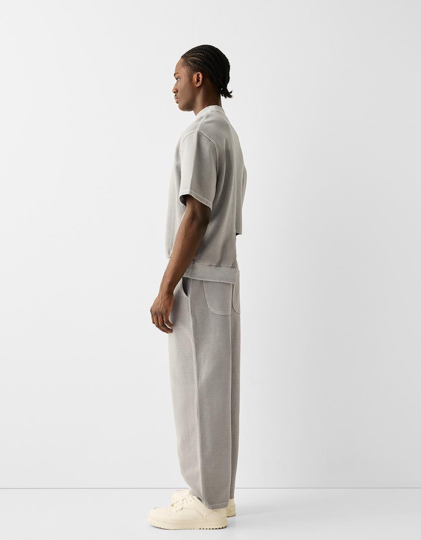 تيشرت ناعم بأكمام قصيرة ومظهر باهت وحواف مضلعة وإنترلوك-أخضر-1