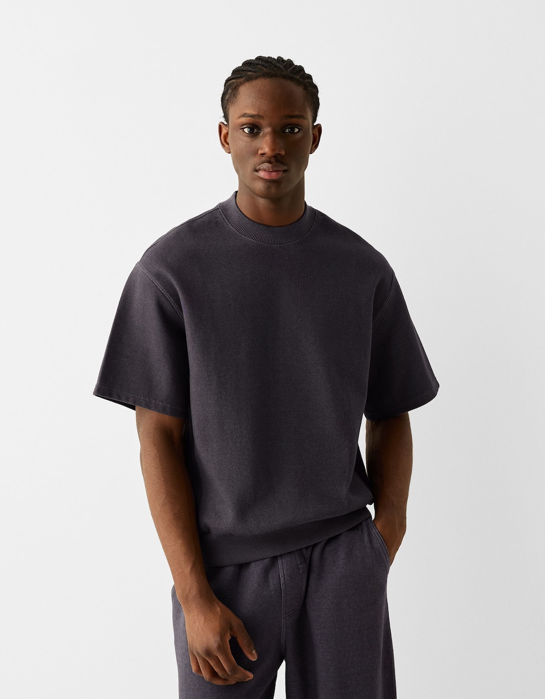 Short sleeve faded-effect plush T-shirt with interlocking and ribbed trims