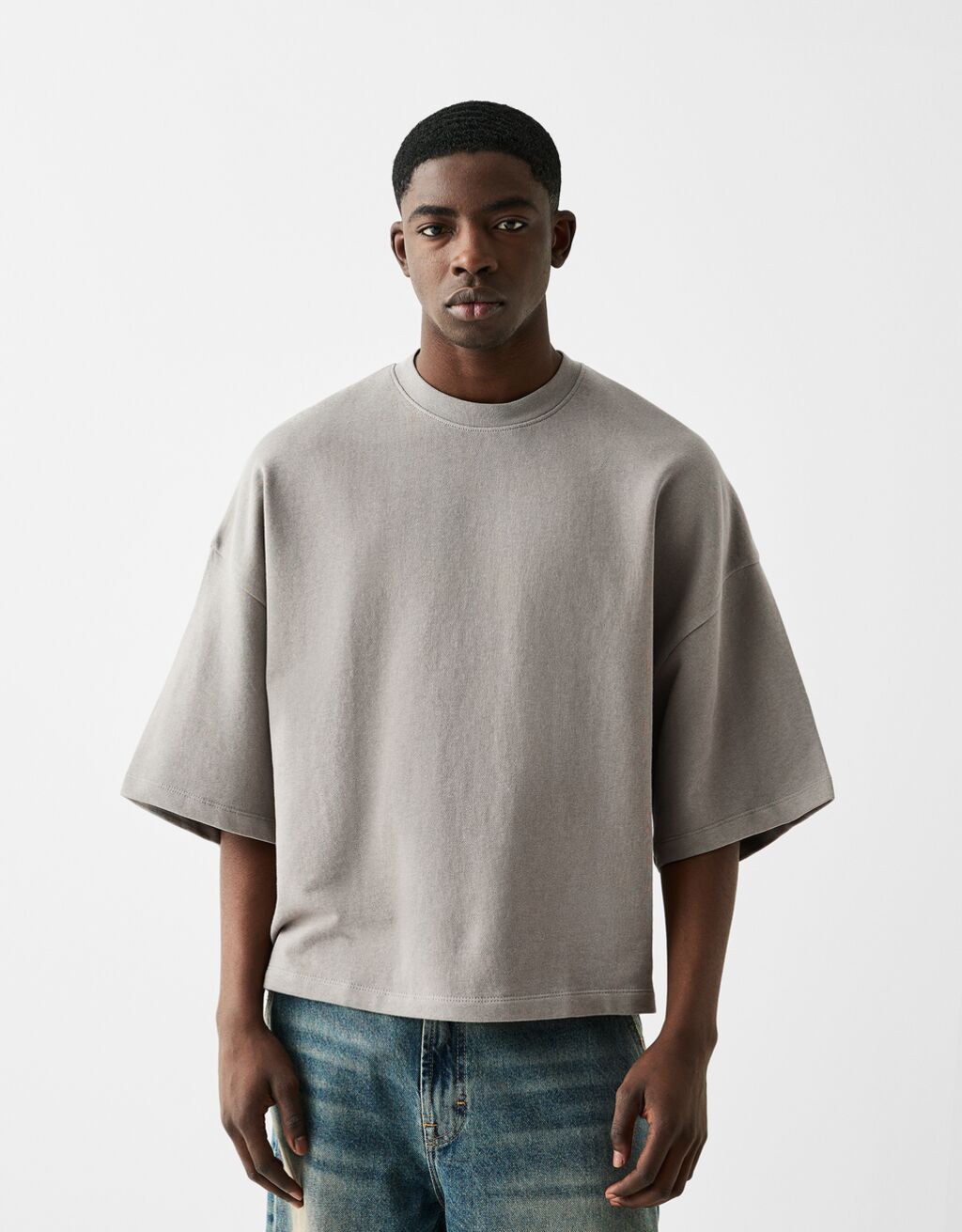 T-shirt manga curta cropped felpa-Cinza-0