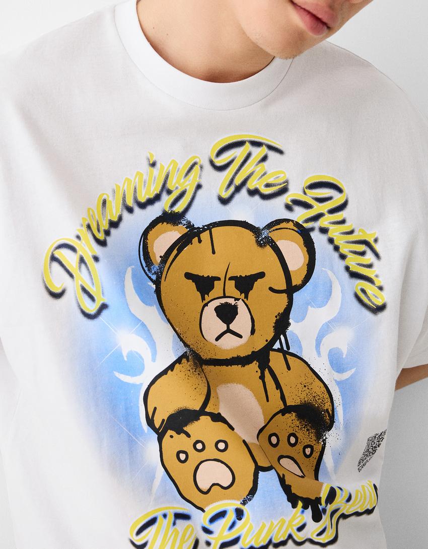 T-shirt da Bershka Wearable Art cropped boxy fit com estampado-Branco-6