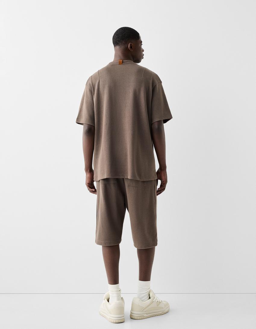 T-shirt manga curta boxy fit nervuras-Caqui-1