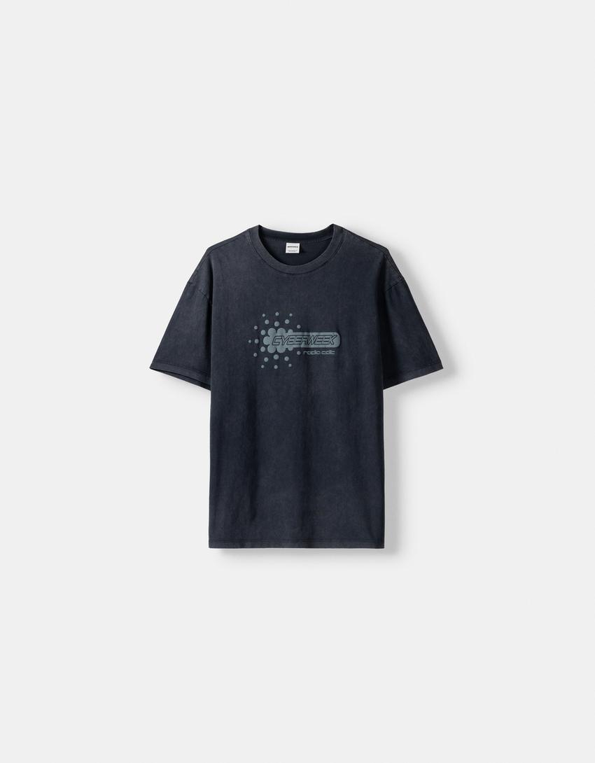 T-shirt manches courtes boxy effet délavé imprimé-Noir-4