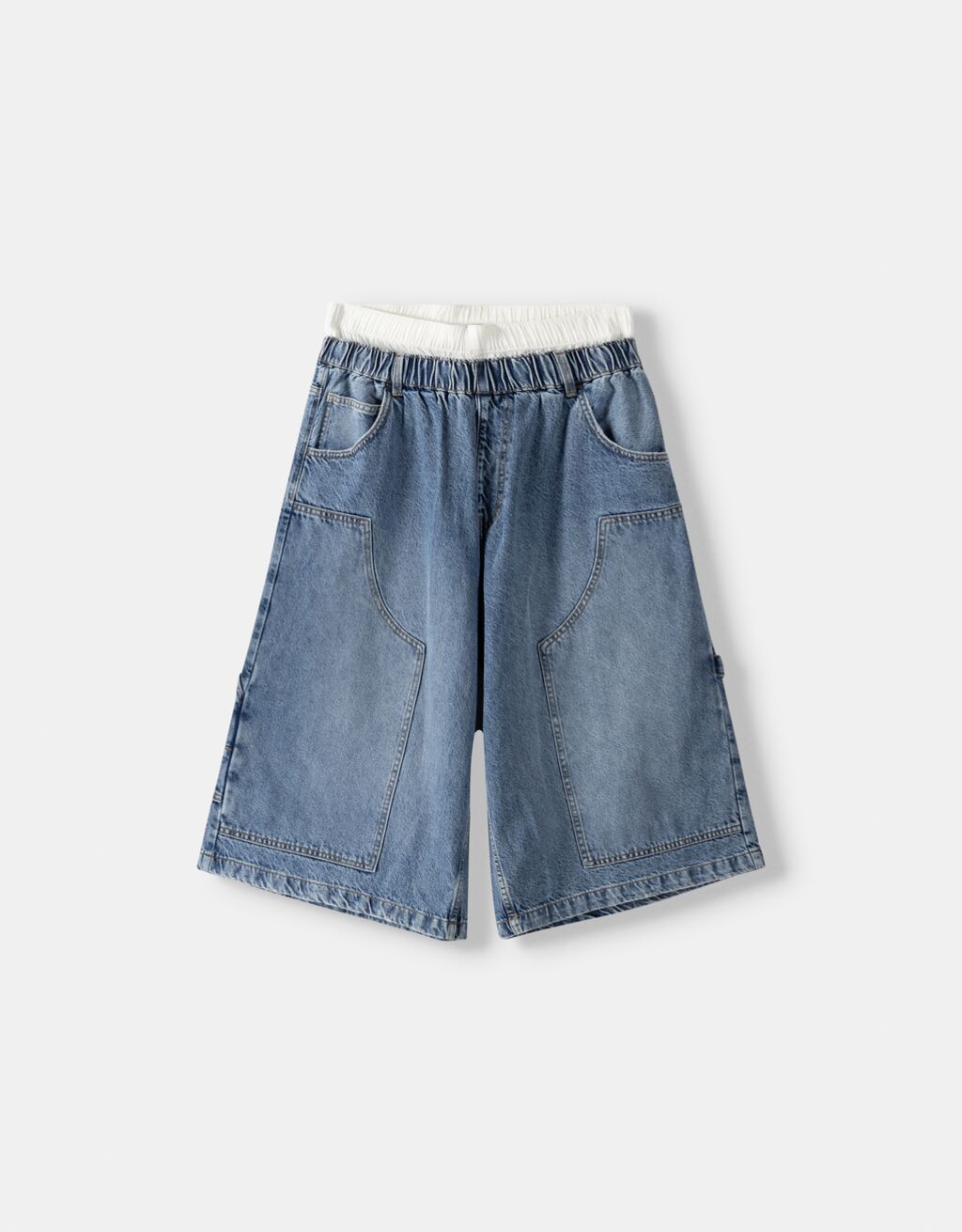 Calções bermuda jort denim baggy cintura contraste-Azul lavado-5