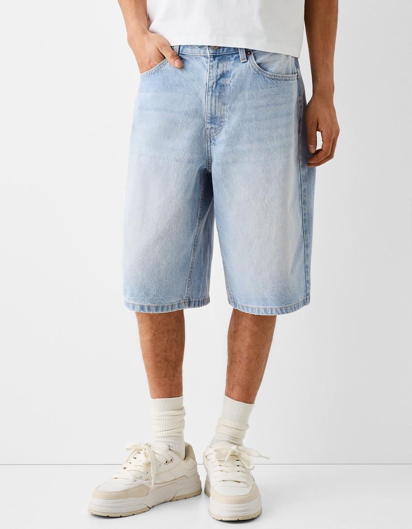 Baggy denim Bermuda shorts-Light blue-1