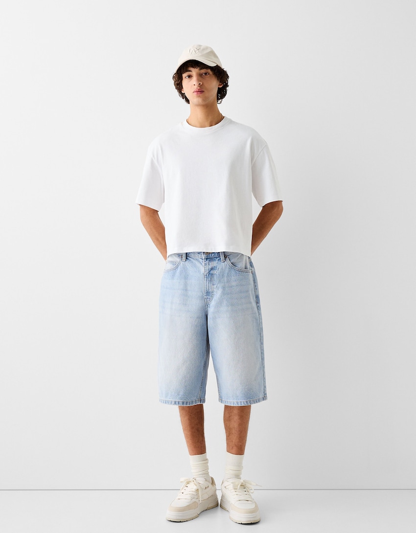 Baggy denim Bermuda shorts with contrast waistband - Shorts - Men