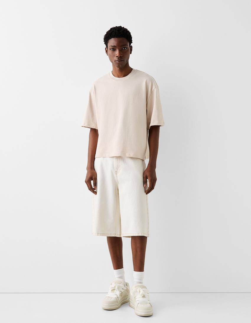 Calções bermuda denim baggy-Cru-0