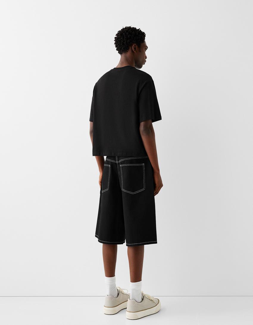 Calções bermuda denim baggy-Preto-2