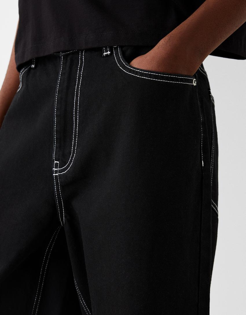 Calções bermuda denim baggy-Preto-3