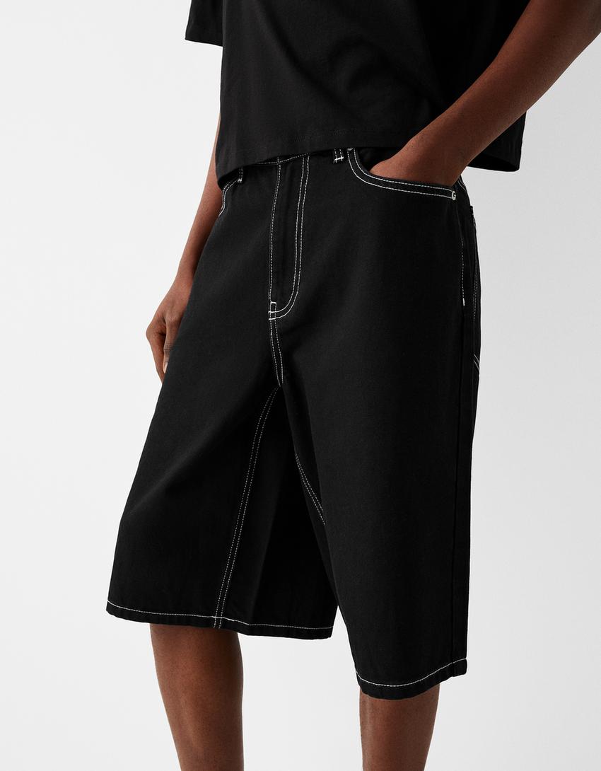 Calções bermuda denim baggy-Preto-5