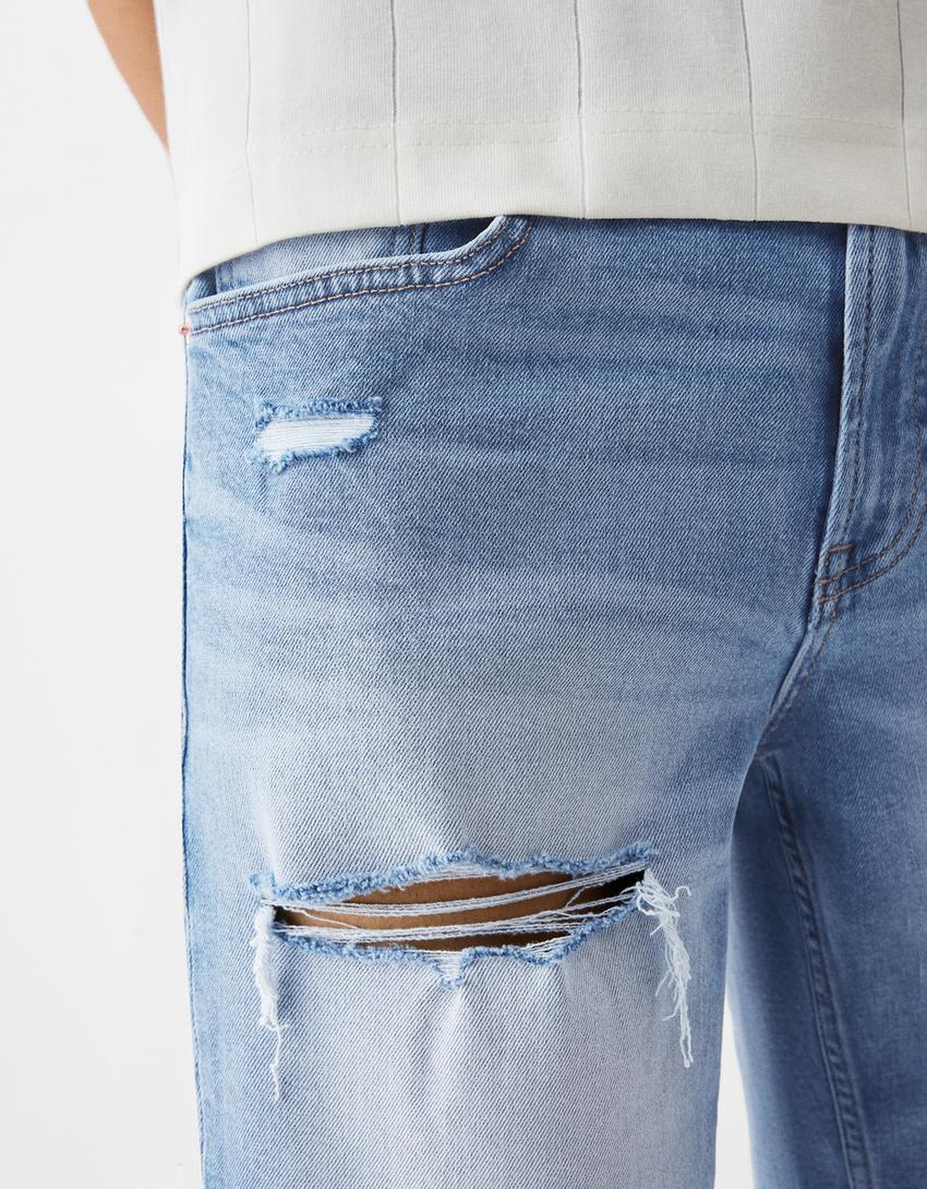 Calções bermuda de ganga com rasgões-Azul lavado-5