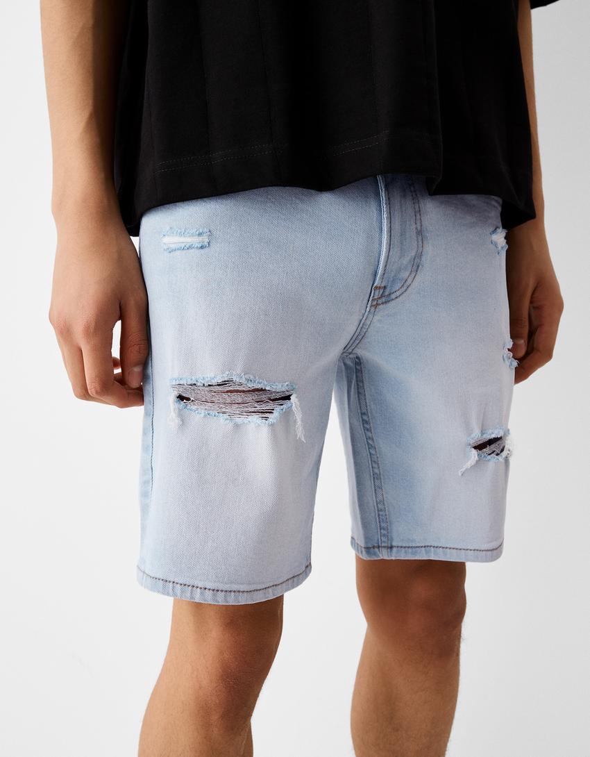 Calções bermuda de ganga com rasgões-Azul claro-3