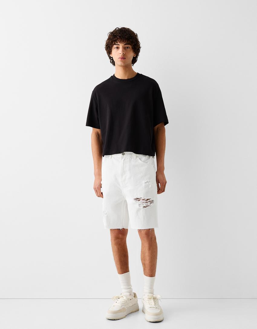 Calções bermuda de ganga com rasgões-Branco-0